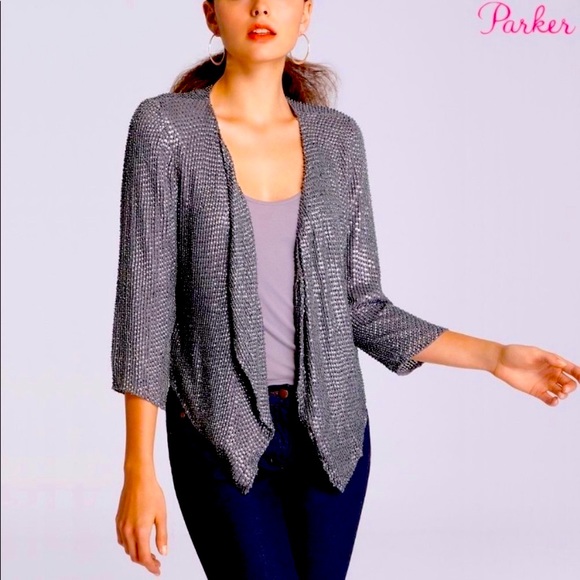 Parker Silk Beaded Draped Asymmetrical Open Front Jacket Blazer Duster - Picture 4 of 16